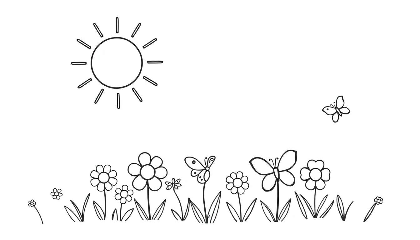 A black and white outline drawing of a cheerful spring scene for a color panel. It shows a smiling sun, colorful flowers, and playful butterflies.