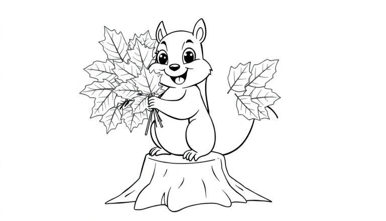 A happy squirrel holding a bundle of autumn leaves on a tree stump, ready for a color panel.
