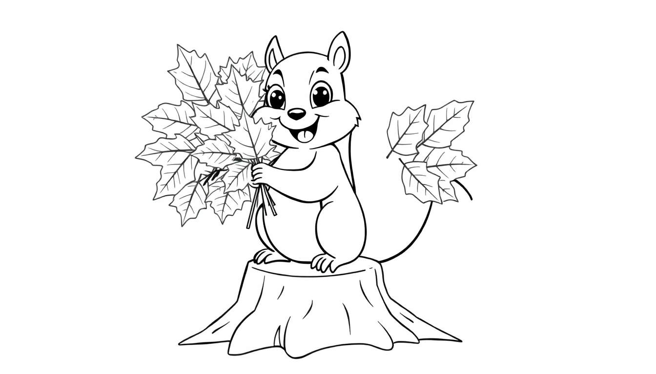 A happy squirrel holding a bundle of autumn leaves on a tree stump, ready for a color panel.