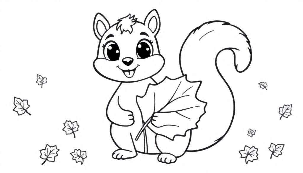 A cute squirrel in a color panel holding a large leaf.