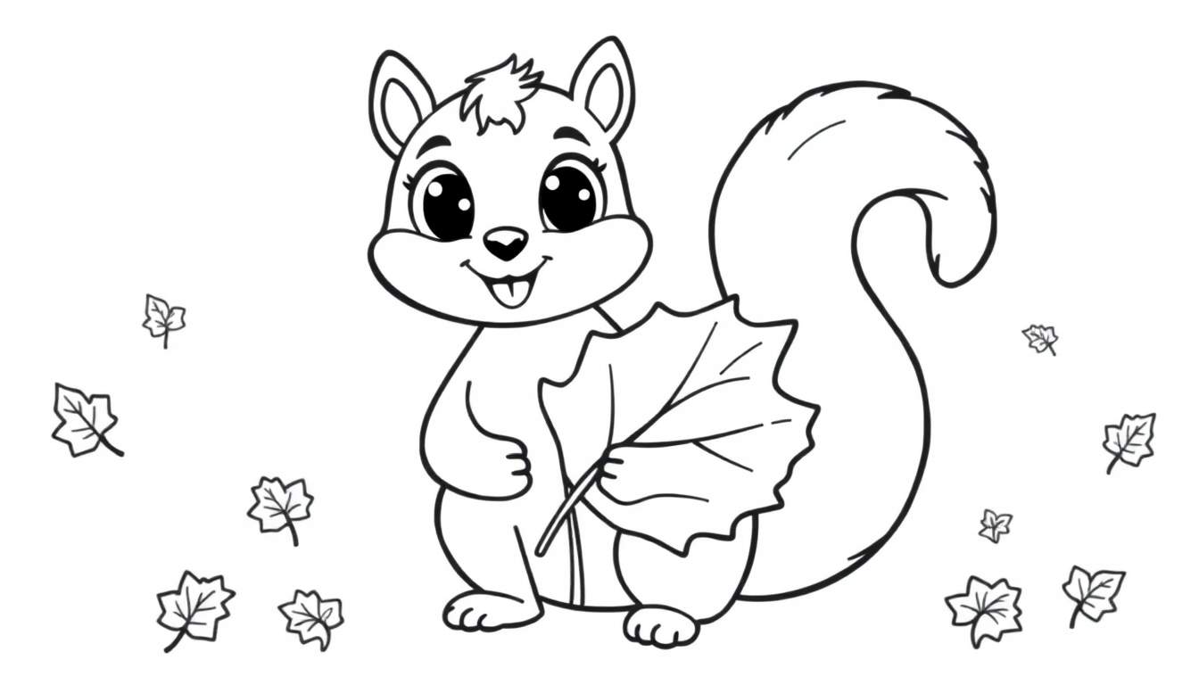 A cute squirrel in a color panel holding a large leaf.