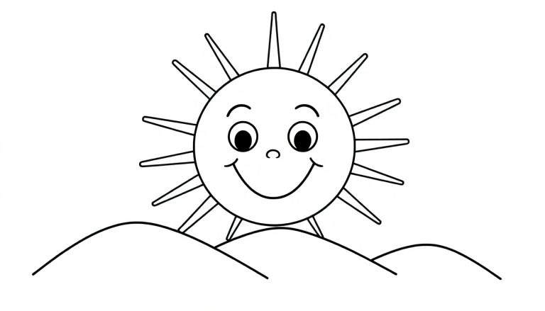 A smiling sun rising over hills, a fun black and white color panel for kids to color.