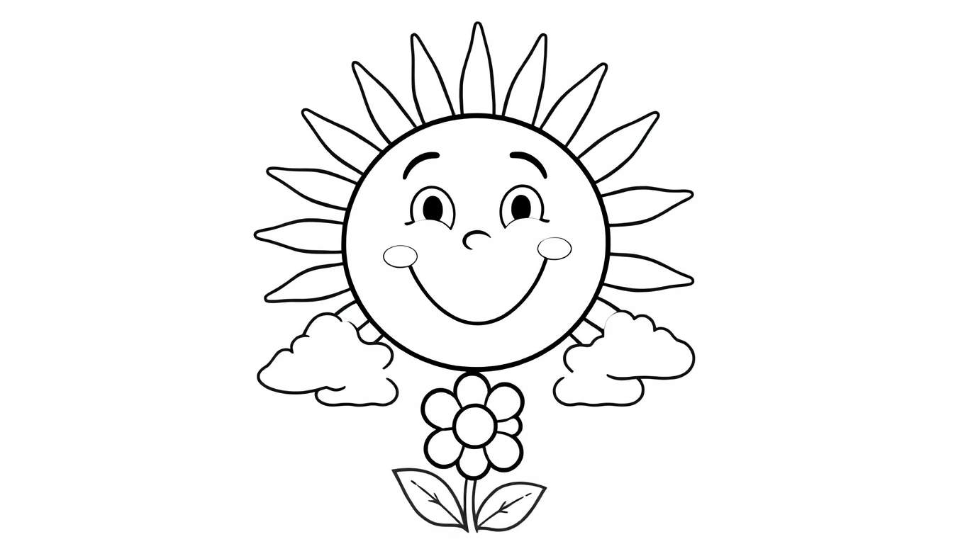 A happy sun with rays, holding a flower, ready for a color panel.