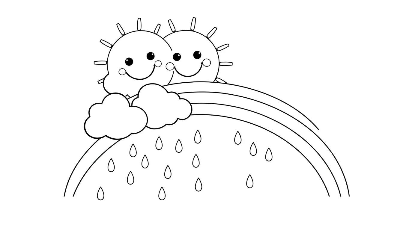 A black and white cartoon color panel featuring two smiling suns above clouds, with a rainbow and falling raindrops. It's a cheerful scene ready for coloring!