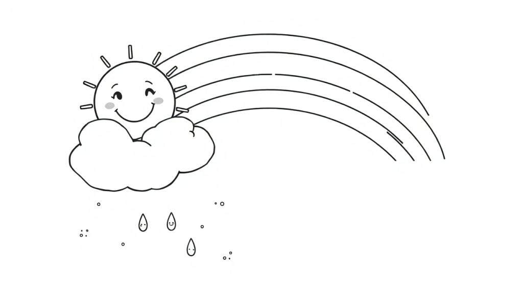 A black and white color panel featuring a smiling sun behind a cloud with happy raindrops and a rainbow.