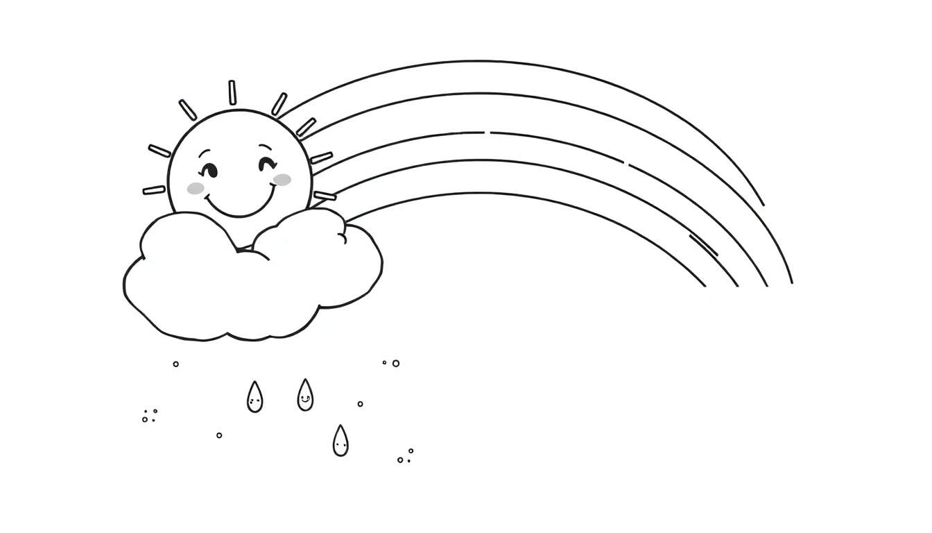 A black and white color panel featuring a smiling sun behind a cloud with happy raindrops and a rainbow.