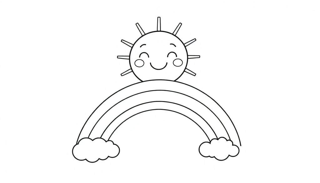 A smiling cartoon sun above a three-tiered rainbow with clouds, ready for your color panel.
