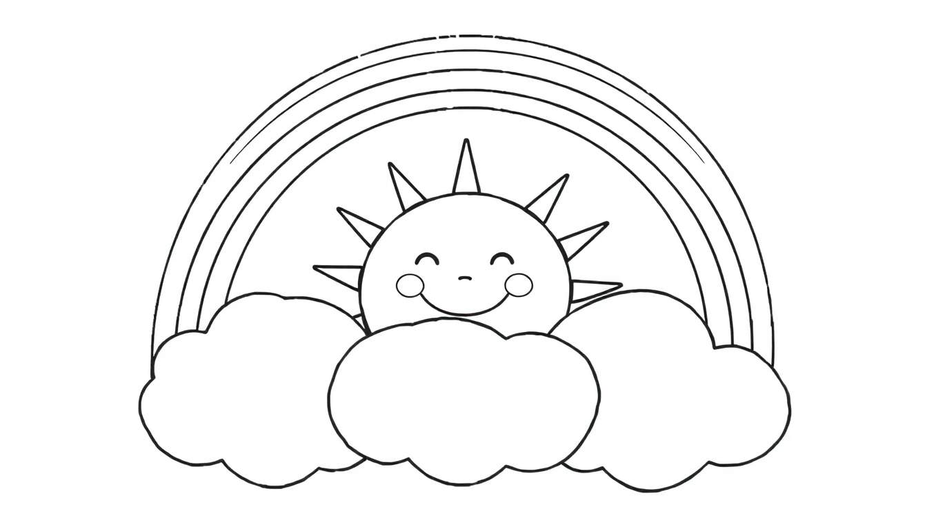 A cheerful black and white line drawing of a sun, rainbow, and clouds, ready for a color panel.