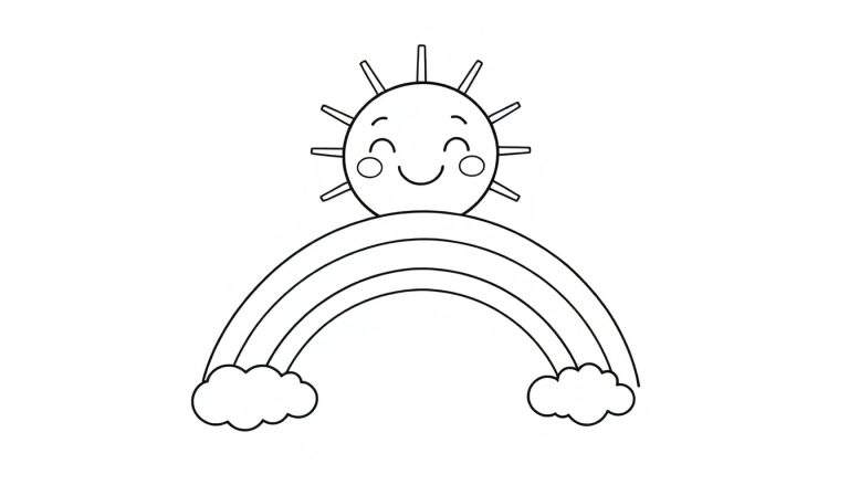 A smiling cartoon sun above a three-tiered rainbow with clouds, ready for your color panel.