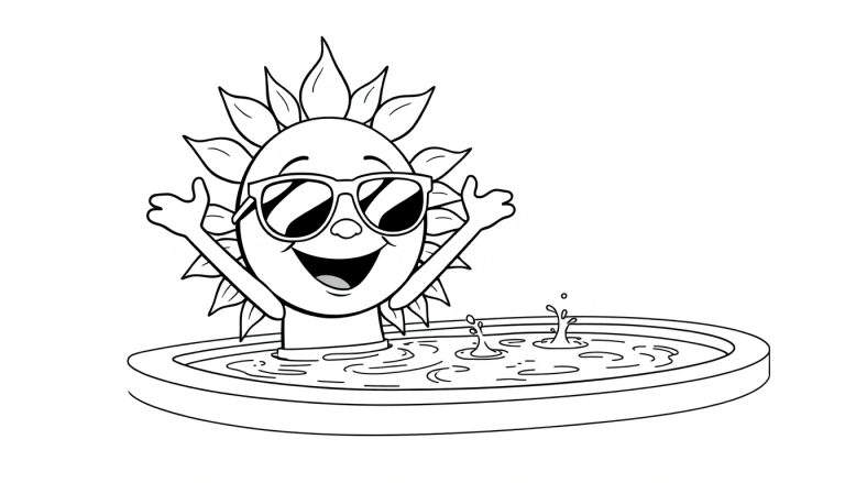 A happy sun with sunglasses by a sparkling blue pool, ready for a splash! Black and white coloring panel.