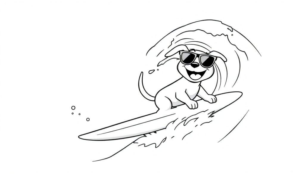 A happy cartoon dog in sunglasses surfs a black and white wave, ready for coloring in this color panel.