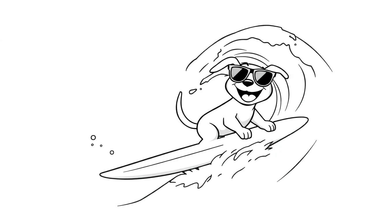 A happy cartoon dog in sunglasses surfs a black and white wave, ready for coloring in this color panel.
