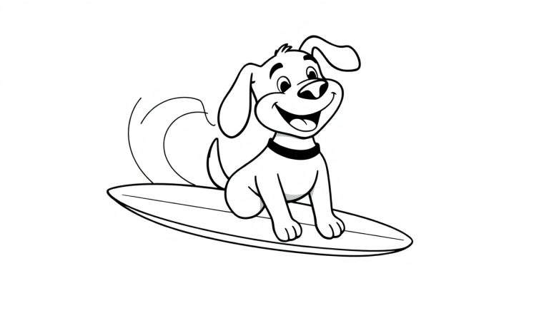 A black and white cartoon of a happy dog surfing. This is a fun color panel for kids!