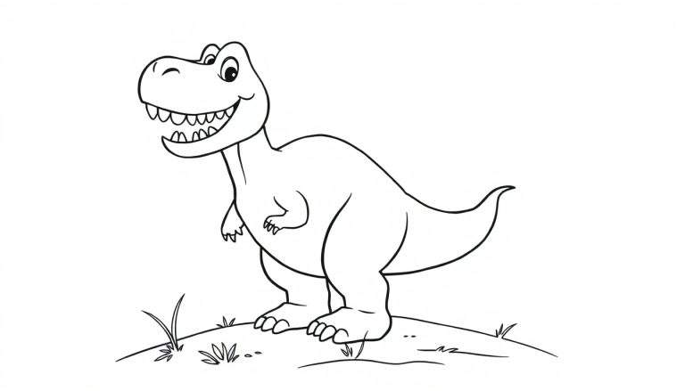A friendly black and white cartoon T-Rex smiling with teeth showing, standing on a mound with grass. This color panel is ready for fun!