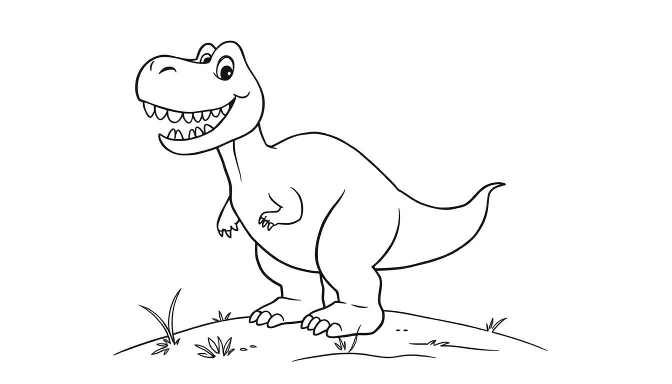 A friendly black and white cartoon T-Rex smiling with teeth showing, standing on a mound with grass. This color panel is ready for fun!