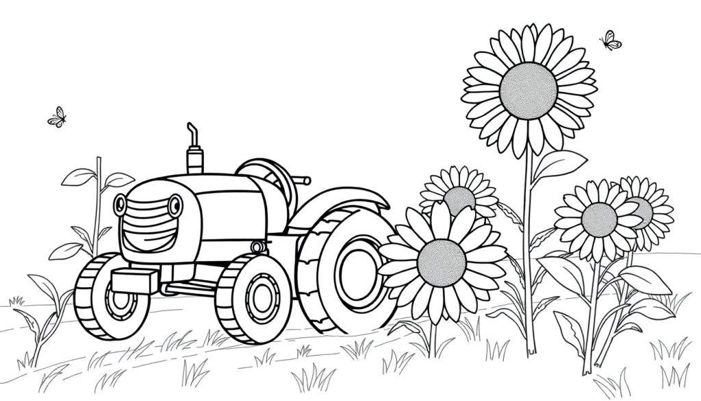 A friendly tractor in a coloring panel, ready to be colored.