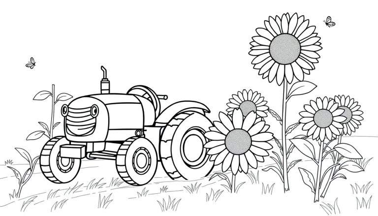A friendly tractor in a coloring panel, ready to be colored.