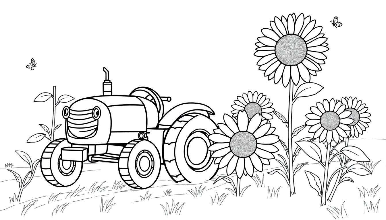 A friendly tractor in a coloring panel, ready to be colored.