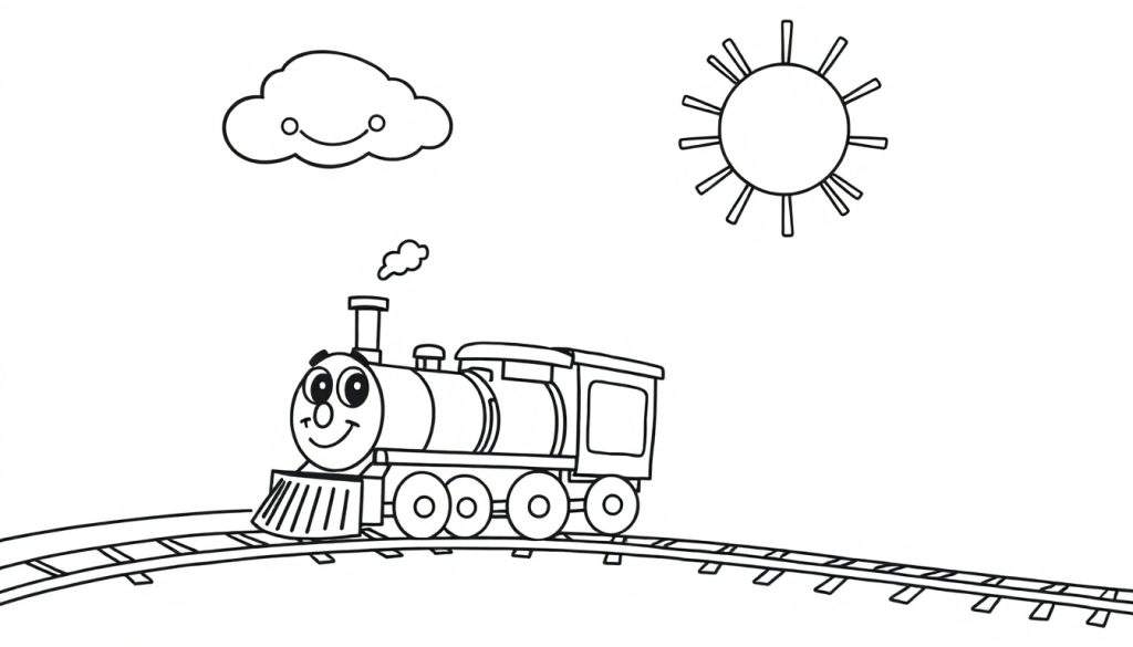 A black and white cartoon train chugging along a track. A smiling sun with rays and a fluffy cloud are above. This is a fun color panel for kids.
