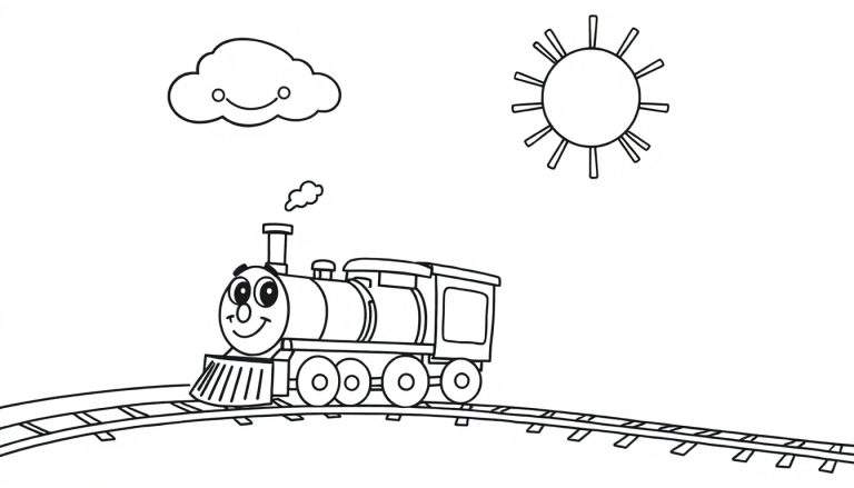 A black and white cartoon train chugging along a track. A smiling sun with rays and a fluffy cloud are above. This is a fun color panel for kids.