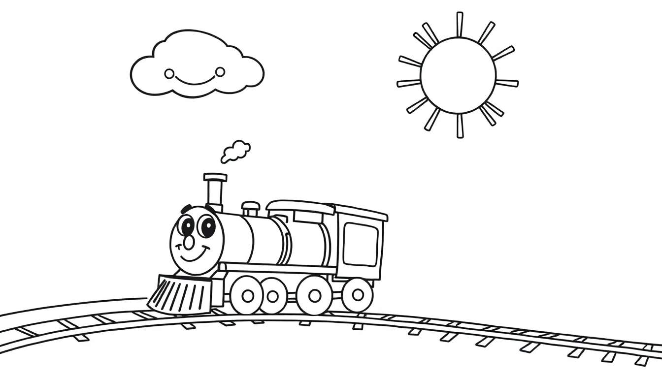 A black and white cartoon train chugging along a track. A smiling sun with rays and a fluffy cloud are above. This is a fun color panel for kids.