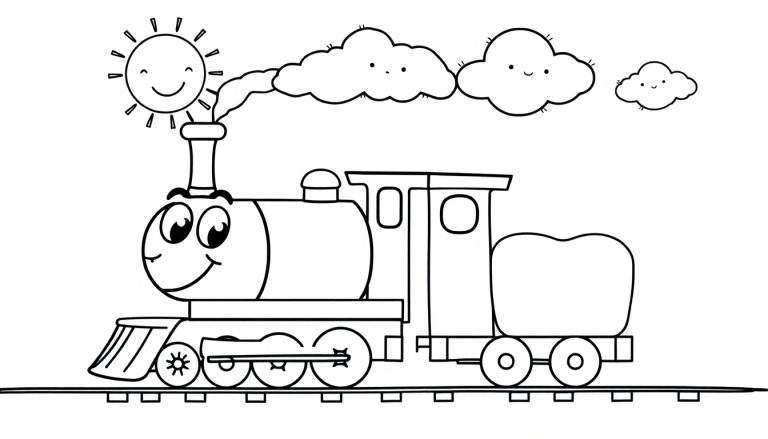 A cheerful black and white cartoon train with a smiling face, chugging along a track under a sunny sky with happy clouds. This is a color panel for kids.