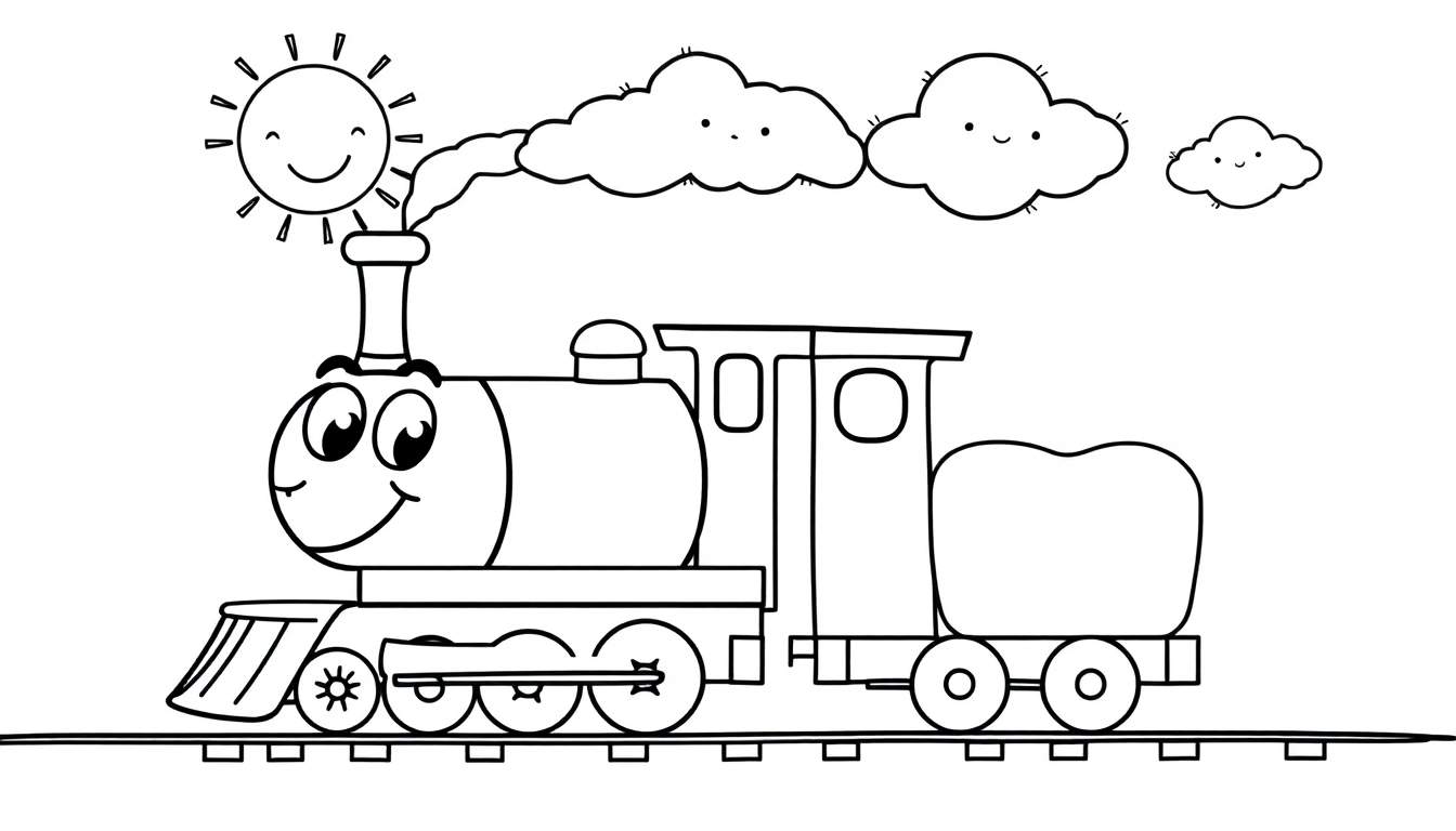 A cheerful black and white cartoon train with a smiling face, chugging along a track under a sunny sky with happy clouds. This is a color panel for kids.
