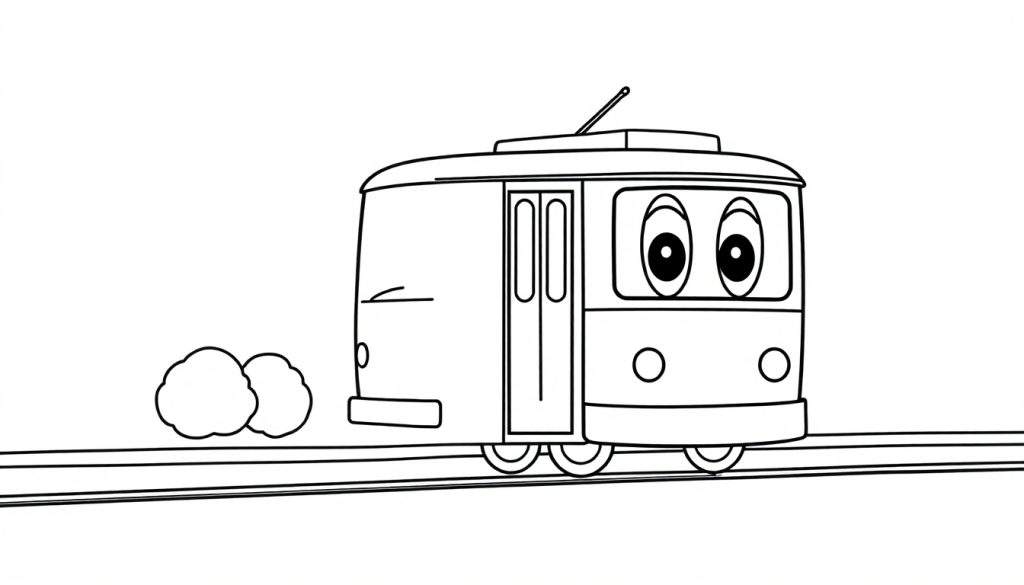 A cute cartoon tram car with happy windows on a color panel.