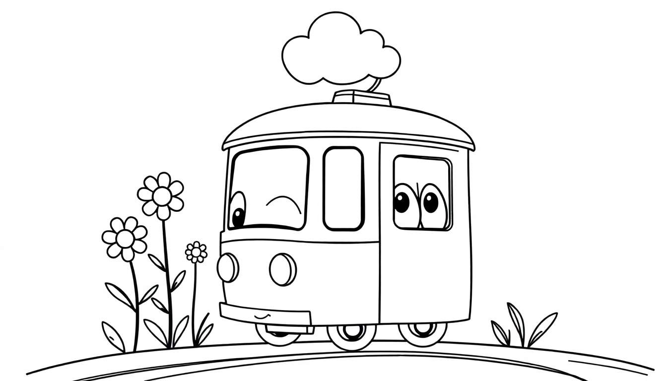 A happy cartoon tram with a friendly face on a track, surrounded by flowers and leaves, with a small cloud on its roof. This is a black and white color panel.