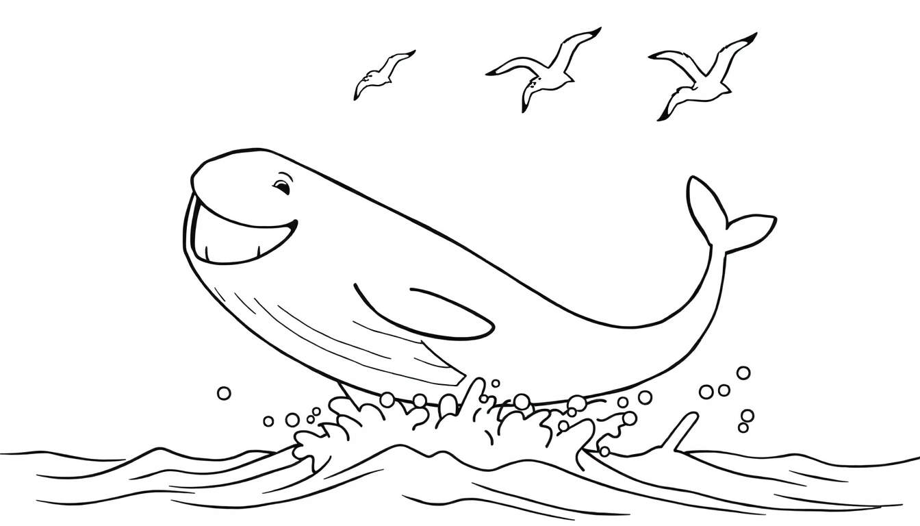 A happy whale jumping out of the ocean, with seagulls flying above, ready for a color panel.