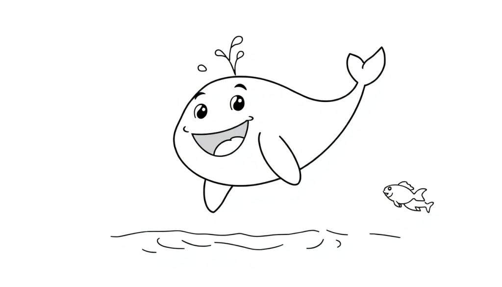 A cute cartoon whale leaping from the water with a smile, a small fish swims nearby. This is a black and white color panel for kids to color.