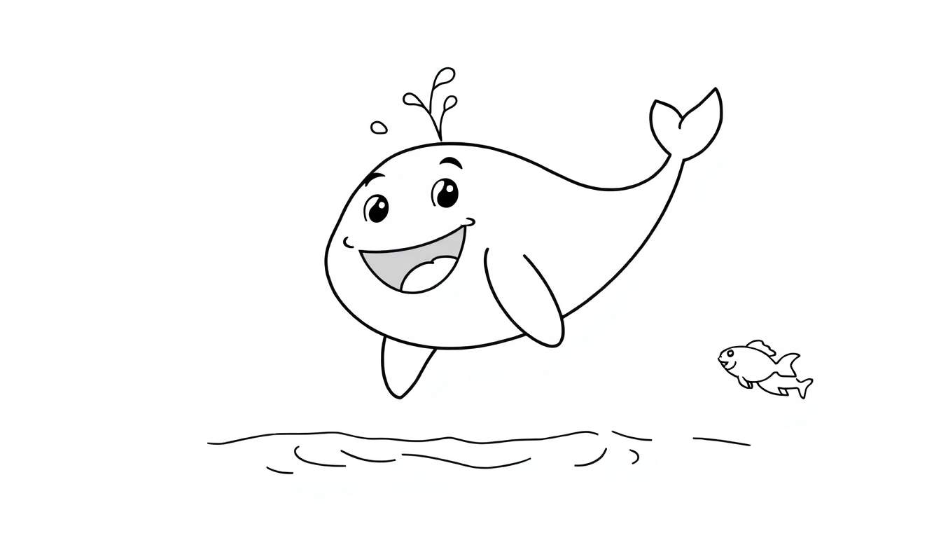 A cute cartoon whale leaping from the water with a smile, a small fish swims nearby. This is a black and white color panel for kids to color.