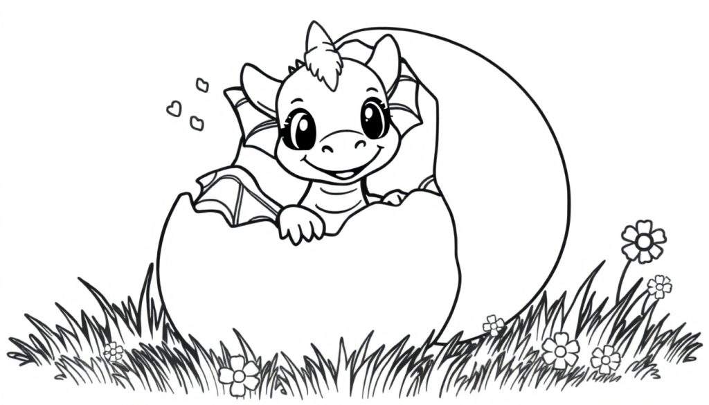 A cute baby dragon with big eyes and small wings is hatching from a cracked egg on a color panel. Three hearts float nearby. This is a black and white outline, perfect for a coloring panel.