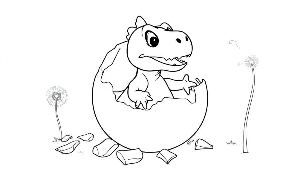A cute cartoon dinosaur peeking out of its egg, with dandelion puffs nearby, ready for a color panel.