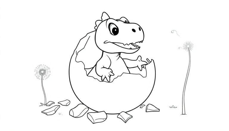 A cute cartoon dinosaur peeking out of its egg, with dandelion puffs nearby, ready for a color panel.