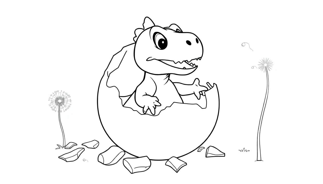 A cute cartoon dinosaur peeking out of its egg, with dandelion puffs nearby, ready for a color panel.