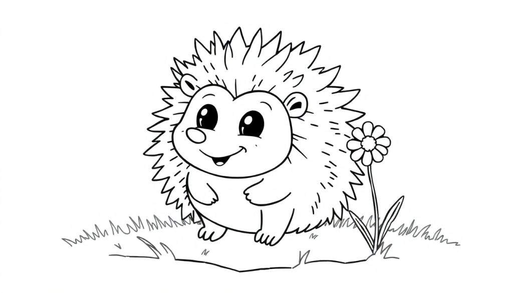 A black and white cartoon of a cute hedgehog with big eyes and a smile, standing in grass next to a flower. This is a coloring panel.