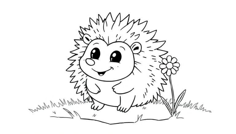 A black and white cartoon of a cute hedgehog with big eyes and a smile, standing in grass next to a flower. This is a coloring panel.