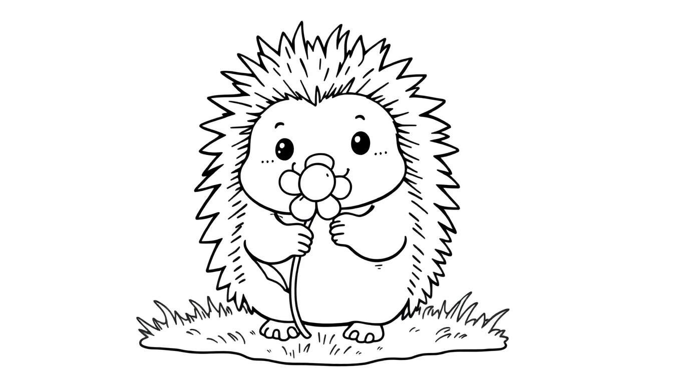 A cute cartoon hedgehog in a black and white color panel, holding a flower.