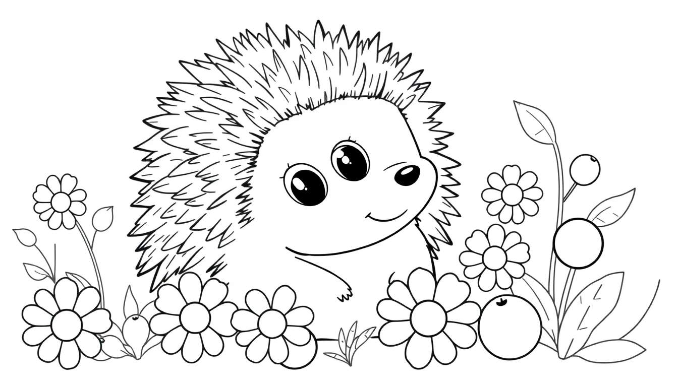 A cute hedgehog outline in a garden scene, perfect for a color panel.