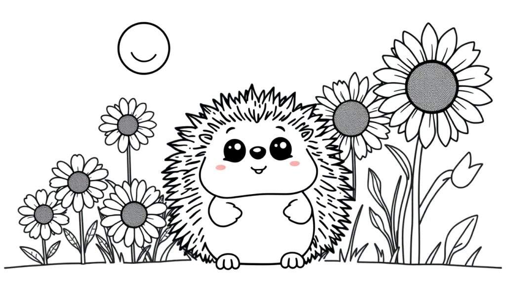 A cute hedgehog, ready for a color panel, stands in a sunny field of flowers.