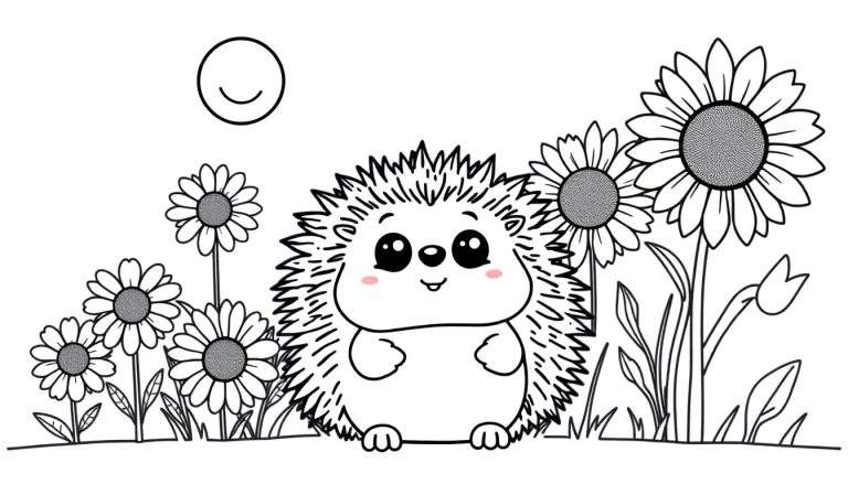 A cute hedgehog, ready for a color panel, stands in a sunny field of flowers.
