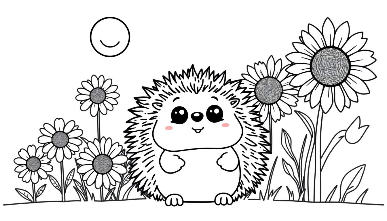 A cute hedgehog, ready for a color panel, stands in a sunny field of flowers.