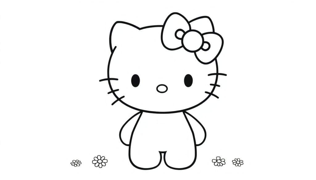 A black and white drawing of Hello Kitty with her iconic bow, ready for a fun color panel session.