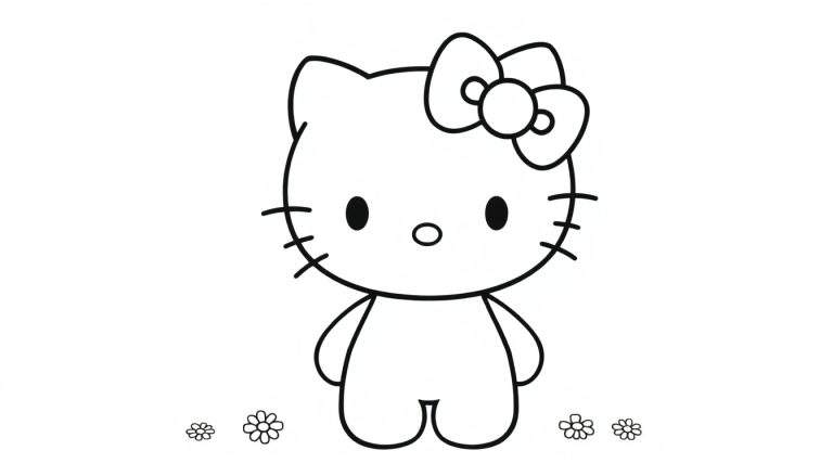 A black and white drawing of Hello Kitty with her iconic bow, ready for a fun color panel session.