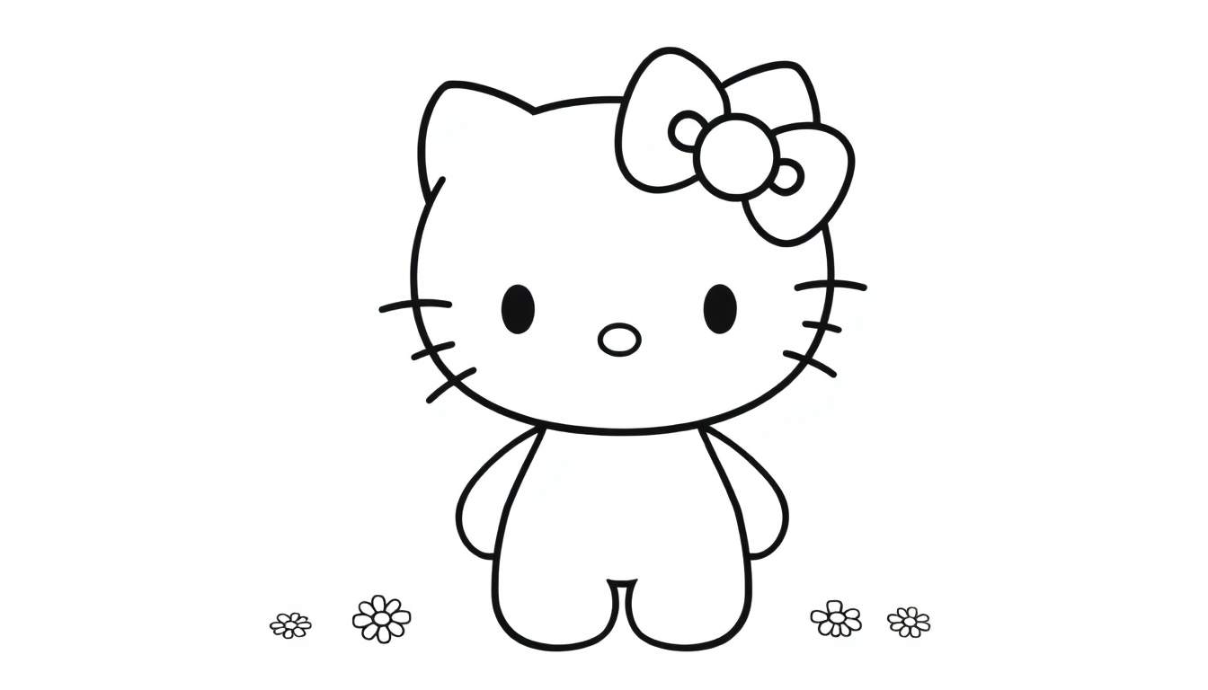 A black and white drawing of Hello Kitty with her iconic bow, ready for a fun color panel session.