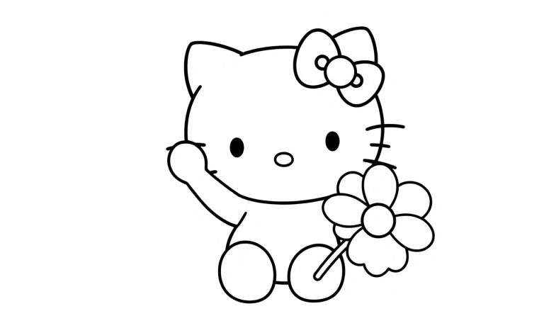 A cute black and white coloring panel of Hello Kitty holding a flower, ready for coloring.