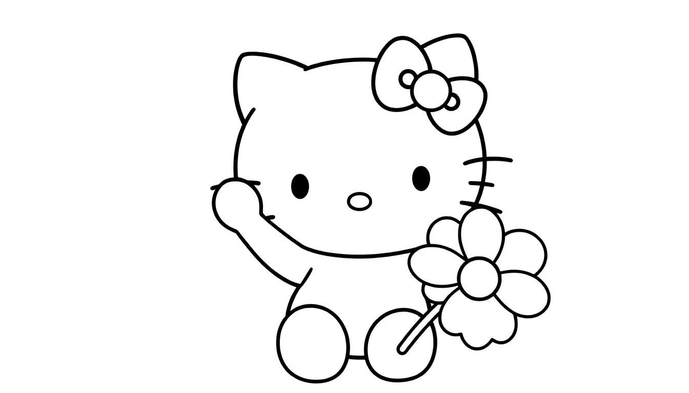 A cute black and white coloring panel of Hello Kitty holding a flower, ready for coloring.
