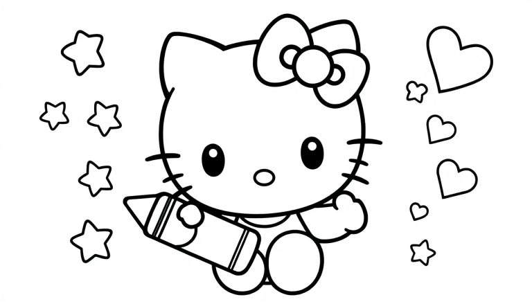 Hello Kitty holding a crayon, ready for a color panel adventure with stars and hearts.