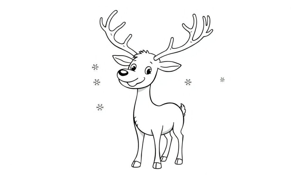 A black and white outline drawing of a cartoon reindeer with big antlers and a smile, surrounded by snowflakes. A fun color panel for kids to enjoy.